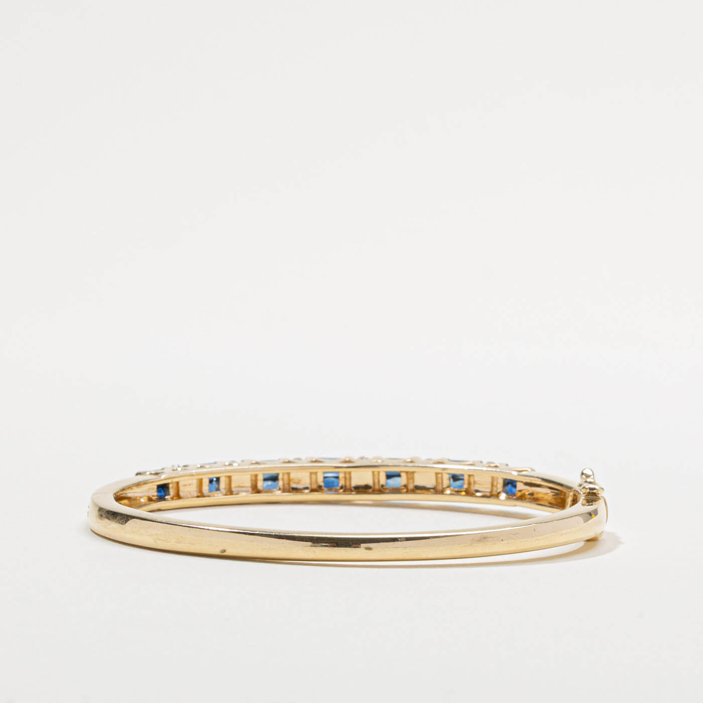 Yellow Gold Art Deco Baguette & Round Cut Blue Sapphire Bangle Bracelet For Women
