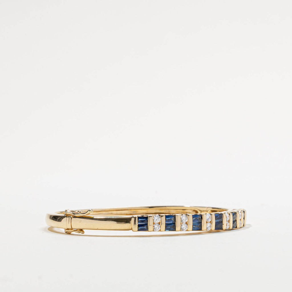 Yellow Gold Art Deco Baguette & Round Cut Blue Sapphire Bangle Bracelet For Women