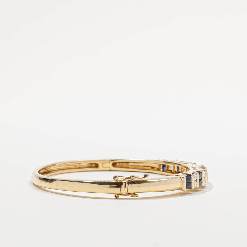 Yellow Gold Art Deco Baguette & Round Cut Blue Sapphire Bangle Bracelet For Women