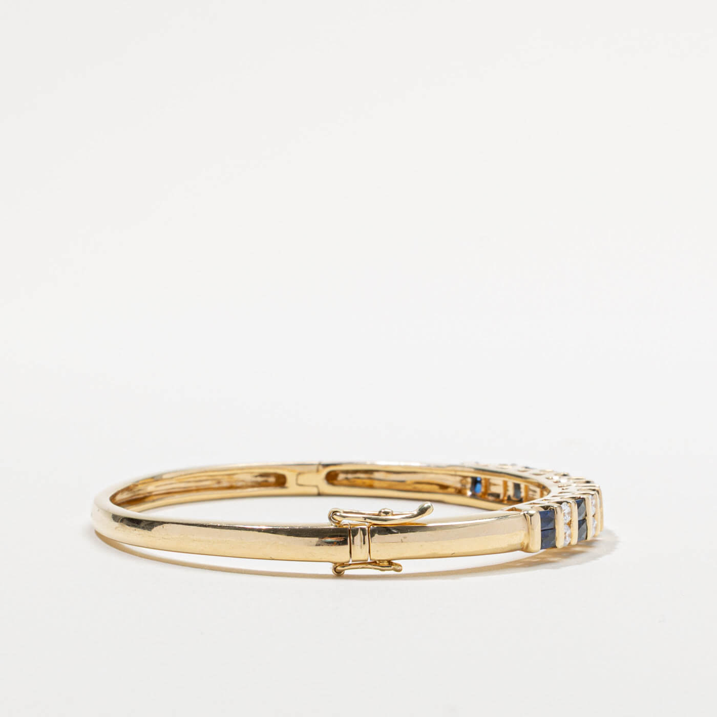 Yellow Gold Art Deco Baguette & Round Cut Blue Sapphire Bangle Bracelet For Women