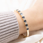 Yellow Gold Art Deco Baguette & Round Cut Blue Sapphire Bangle Bracelet For Women