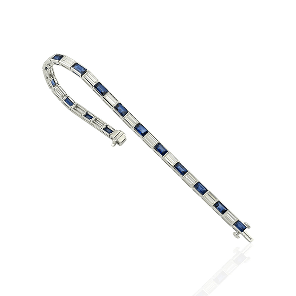 Classic Baguette Cut Blue & White Sapphire Tennis  Bracelet For Women