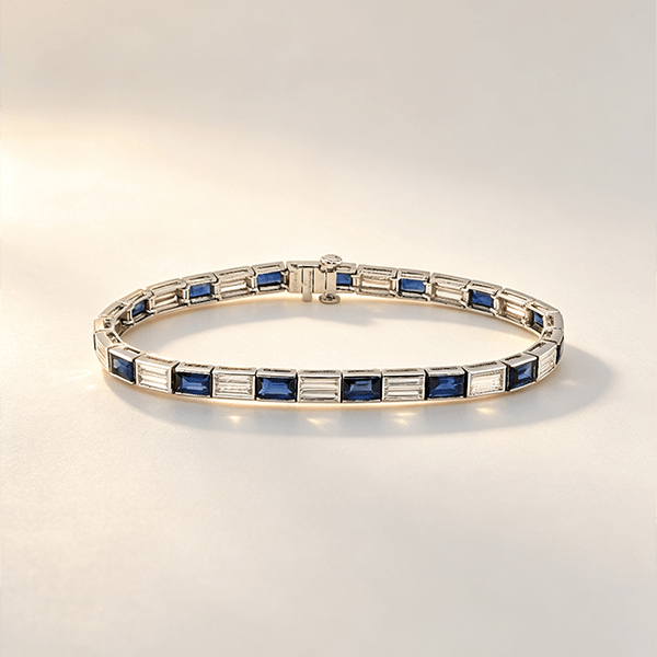 Classic Baguette Cut Blue & White Sapphire Tennis  Bracelet For Women