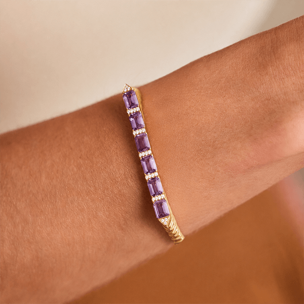 Unique Yellow Gold Emerald Cut Amethyst Sapphire Bangle Bracelet For Women