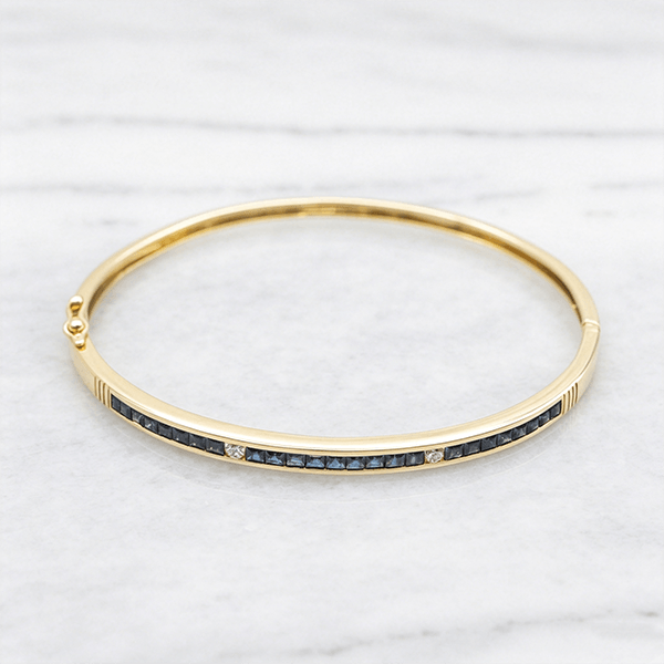 Vintage Classic Yellow Gold Asscher Cut Blue Sapphire Bangle Bracelet For Women