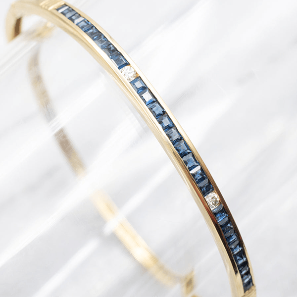 Vintage Classic Yellow Gold Asscher Cut Blue Sapphire Bangle Bracelet For Women