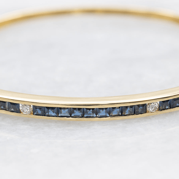 Vintage Classic Yellow Gold Asscher Cut Blue Sapphire Bangle Bracelet For Women