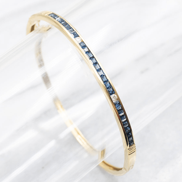 Vintage Classic Yellow Gold Asscher Cut Blue Sapphire Bangle Bracelet For Women