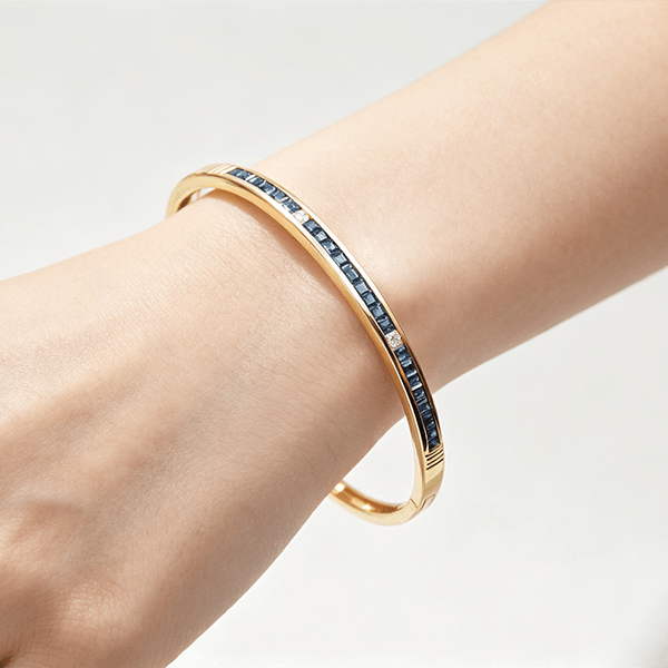 Vintage Classic Yellow Gold Asscher Cut Blue Sapphire Bangle Bracelet For Women