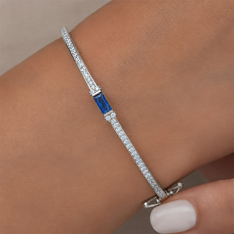 Classic Blue & White Sapphire Baguette & Round Cut Bangle Bracelet For Women