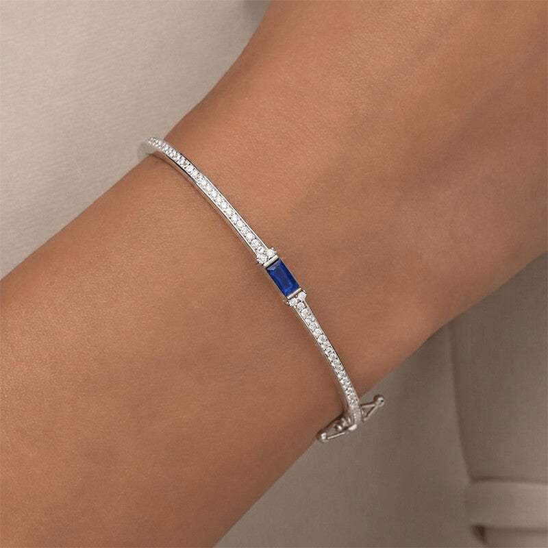 Classic Blue & White Sapphire Baguette & Round Cut Bangle Bracelet For Women