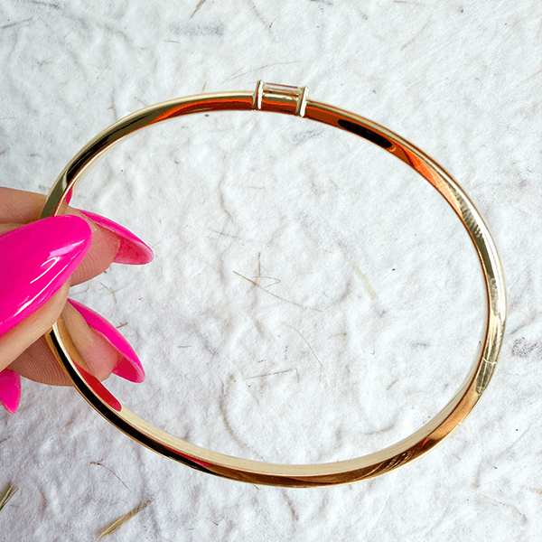 Classic Yellow Gold Baguette Cut White Sapphire Bangle Bracelet For Women