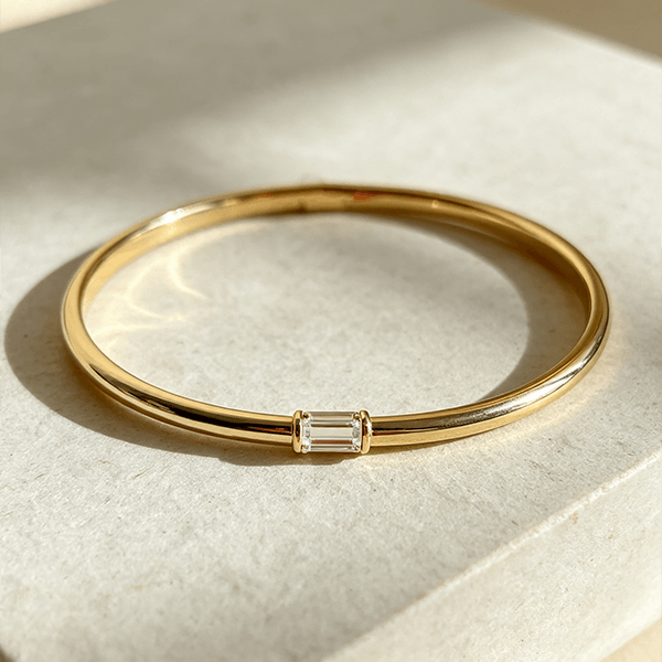 Classic Yellow Gold Baguette Cut White Sapphire Bangle Bracelet For Women