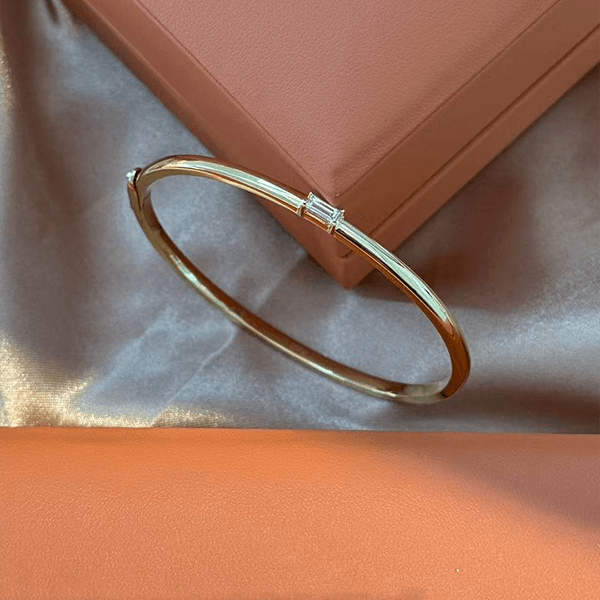 Classic Yellow Gold Baguette Cut White Sapphire Bangle Bracelet For Women