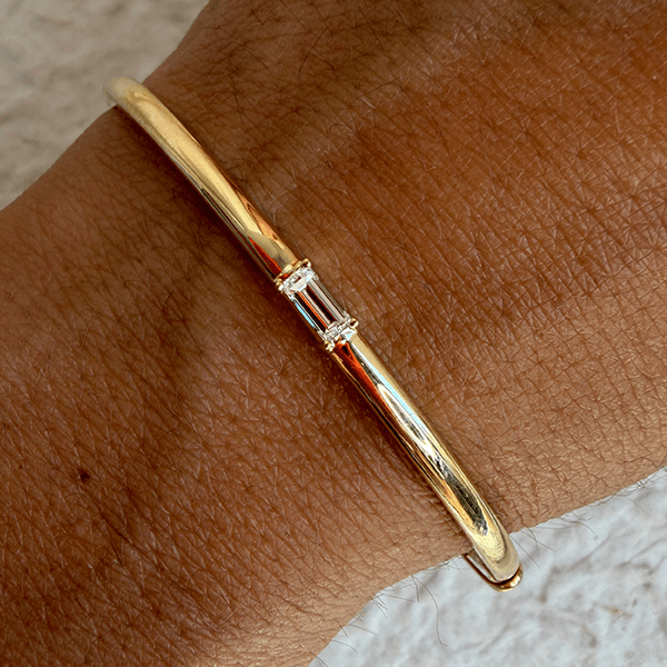 Classic Yellow Gold Baguette Cut White Sapphire Bangle Bracelet For Women