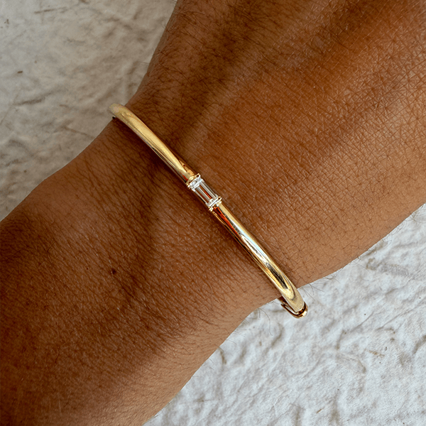 Classic Yellow Gold Baguette Cut White Sapphire Bangle Bracelet For Women
