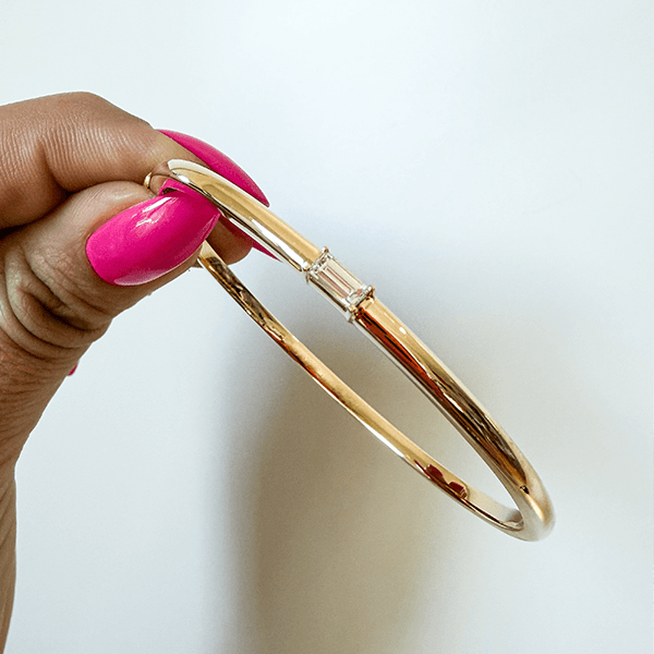 Classic Yellow Gold Baguette Cut White Sapphire Bangle Bracelet For Women