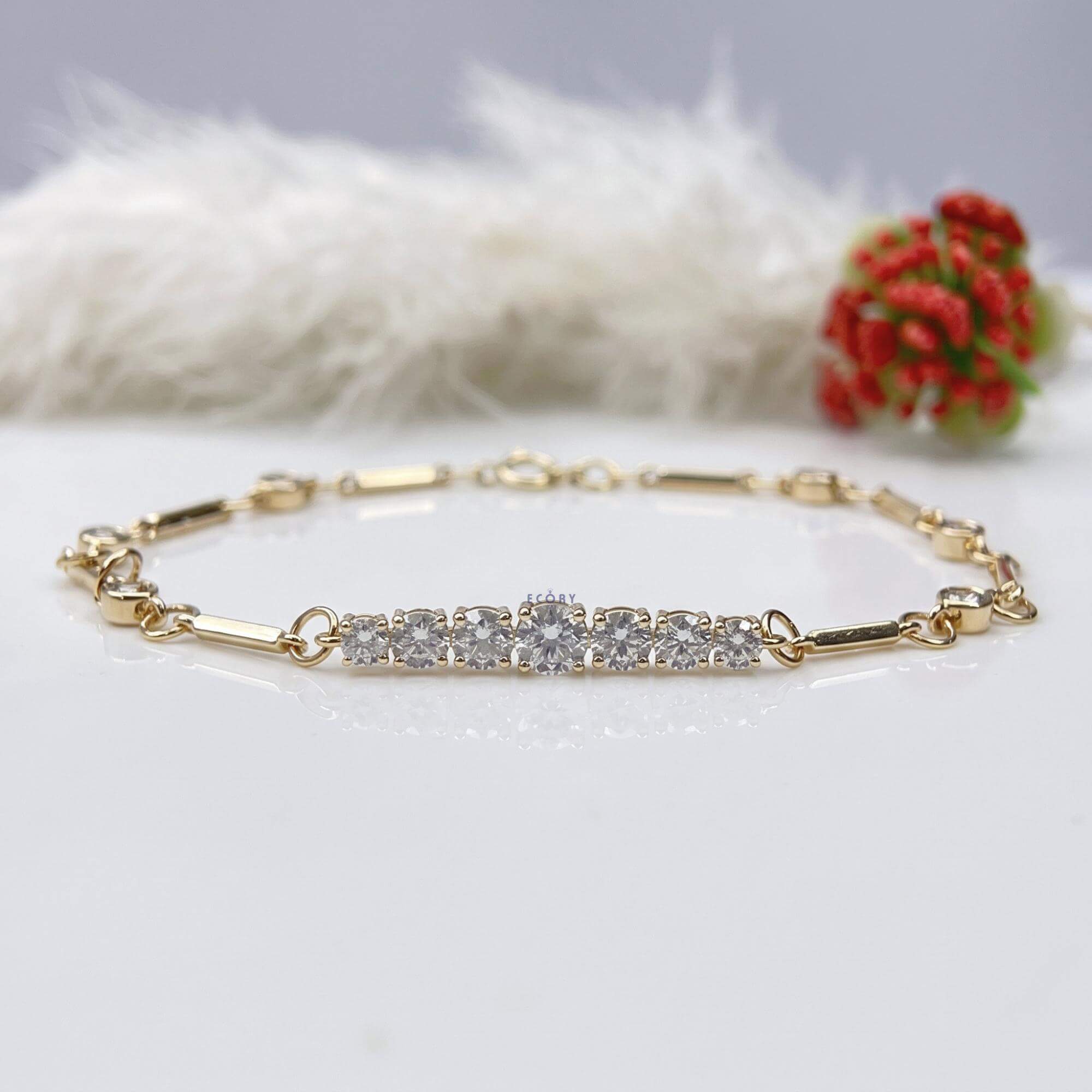 Fashion Yellow Gold Round Cut White Sapphire Bar Link Bracelet For Women