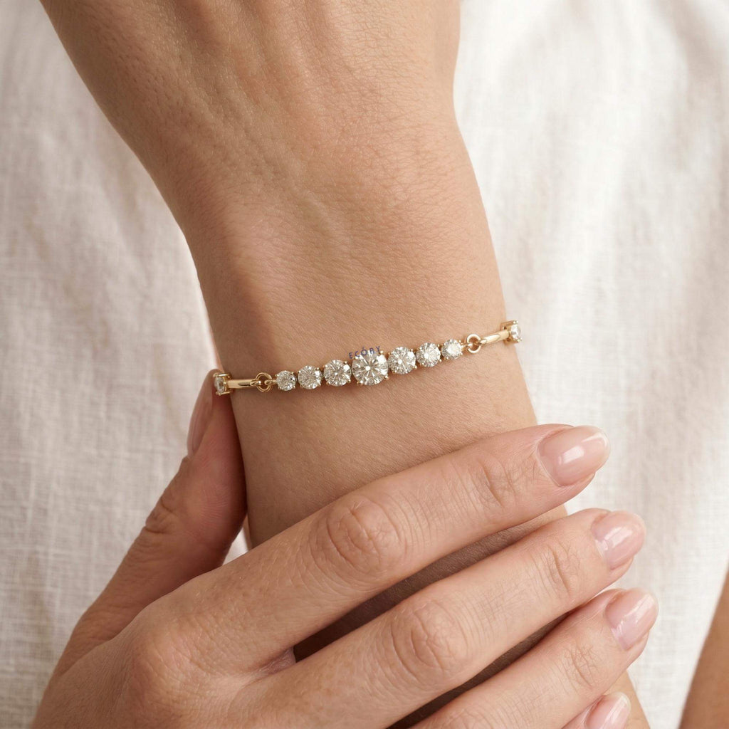 Fashion Yellow Gold Round Cut White Sapphire Bar Link Bracelet For Women