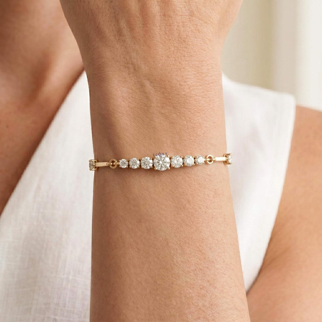 Fashion Yellow Gold Round Cut White Sapphire Bar Link Bracelet For Women