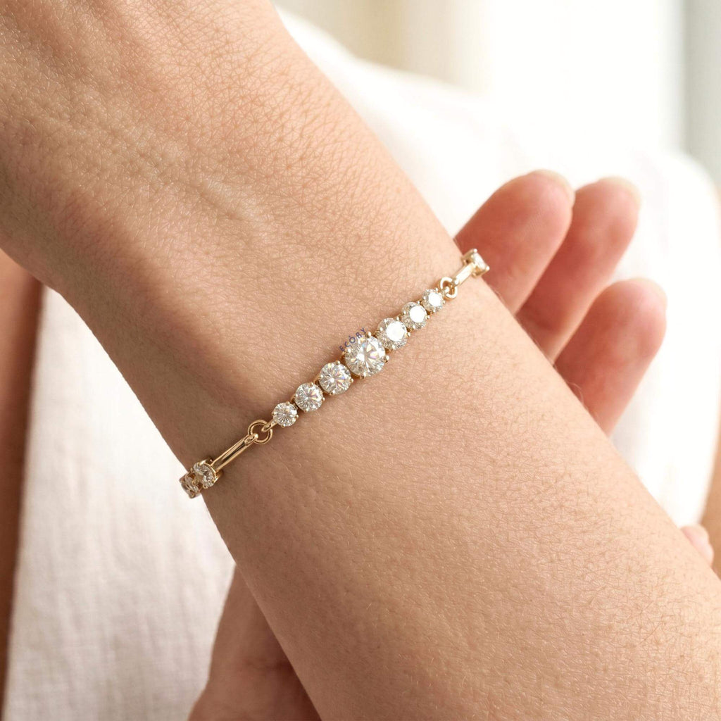 Fashion Yellow Gold Round Cut White Sapphire Bar Link Bracelet For Women