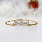 Three Stone Yellow Gold Pear & Emerald & Round Cut White Sapphire Chain Bracelet For Women
