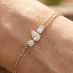 Three Stone Yellow Gold Pear & Emerald & Round Cut White Sapphire Chain Bracelet For Women