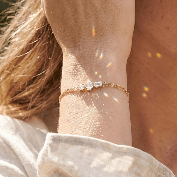 Three Stone Yellow Gold Pear & Emerald & Round Cut White Sapphire Chain Bracelet For Women
