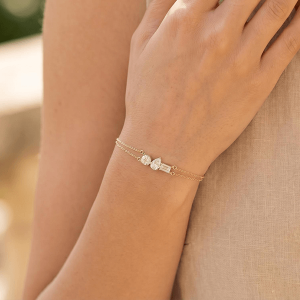 Three Stone Yellow Gold Pear & Emerald & Round Cut White Sapphire Chain Bracelet For Women
