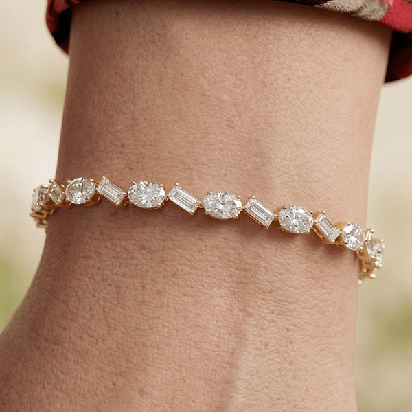 Classic Yellow Gold Emerald & Oval Cut White Sapphire Tennis Bracelet For Women