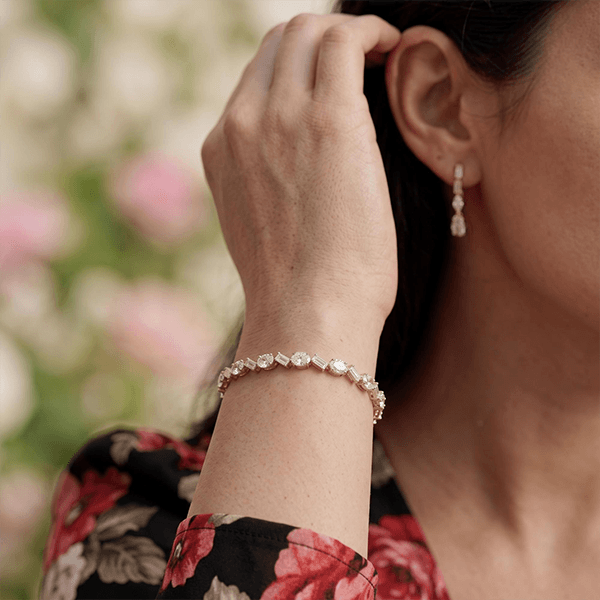 Classic Yellow Gold Emerald & Oval Cut White Sapphire Tennis Bracelet For Women
