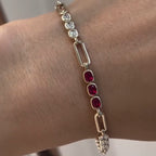 Fashion Yellow Gold Bezel Cushion Cut Ruby & White Sapphire Bar Link Bracelet For Women