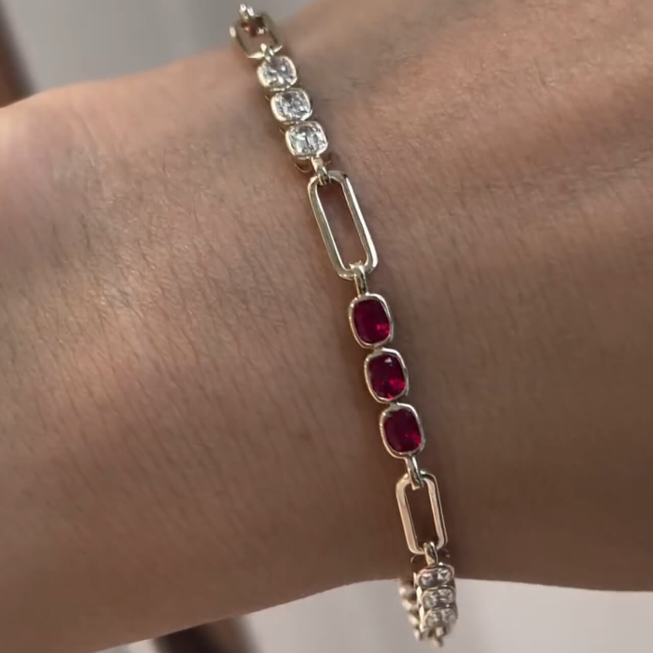 Fashion Yellow Gold Bezel Cushion Cut Ruby & White Sapphire Bar Link Bracelet For Women