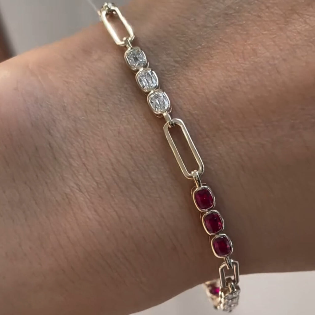 Fashion Yellow Gold Bezel Cushion Cut Ruby & White Sapphire Bar Link Bracelet For Women