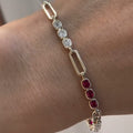 Fashion Yellow Gold Bezel Cushion Cut Ruby & White Sapphire Bar Link Bracelet For Women