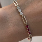 Fashion Yellow Gold Bezel Cushion Cut Ruby & White Sapphire Bar Link Bracelet For Women