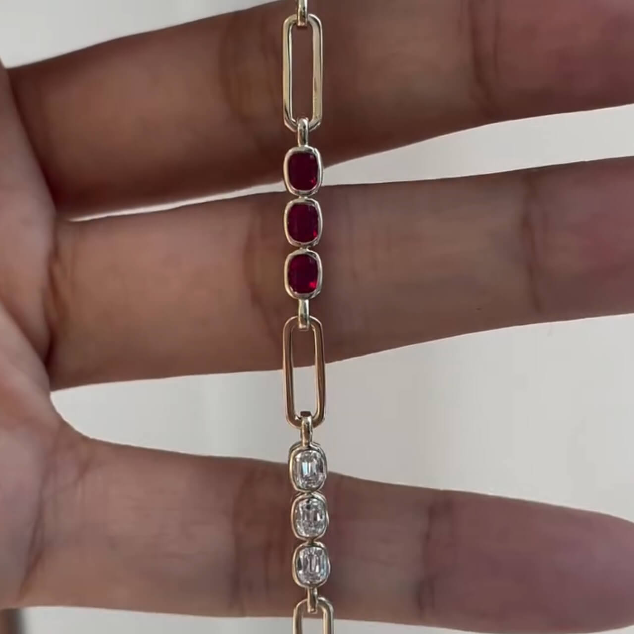 Fashion Yellow Gold Bezel Cushion Cut Ruby & White Sapphire Bar Link Bracelet For Women
