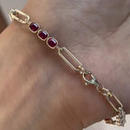 Fashion Yellow Gold Bezel Cushion Cut Ruby & White Sapphire Bar Link Bracelet For Women