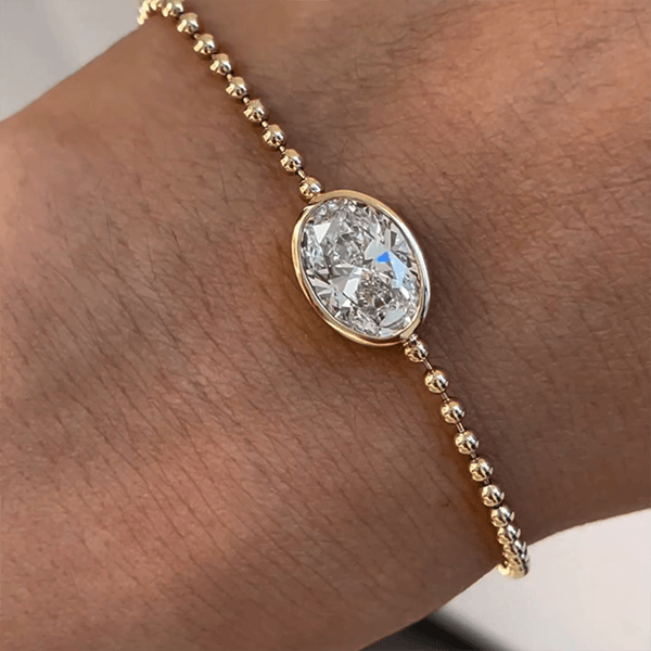 Solitaire Bezel Halo Yellow Gold Oval Cut White Sapphire Tennis Chain Bracelet For Women