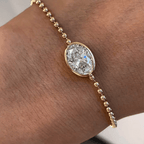 Solitaire Bezel Halo Yellow Gold Oval Cut White Sapphire Tennis Chain Bracelet For Women