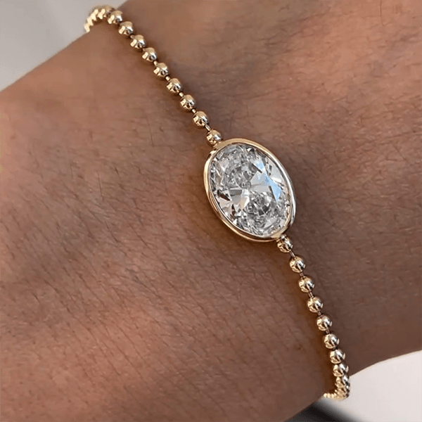 Solitaire Bezel Halo Yellow Gold Oval Cut White Sapphire Tennis Chain Bracelet For Women