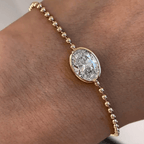 Solitaire Bezel Halo Yellow Gold Oval Cut White Sapphire Tennis Chain Bracelet For Women