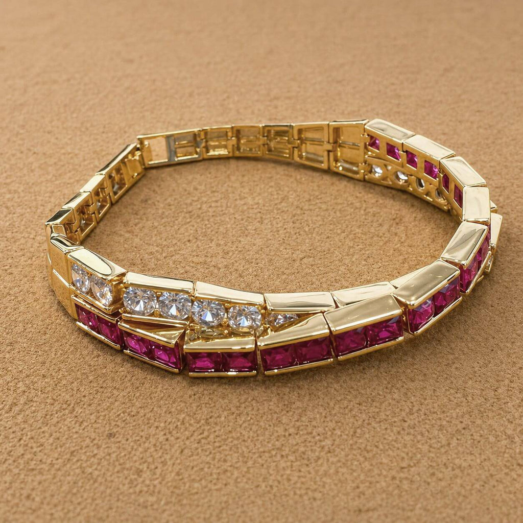 Luxury Jewelry Criss Cross Yellow Gold Emerald & Round Cut Ruby & White Sapphire Bracelet For Women