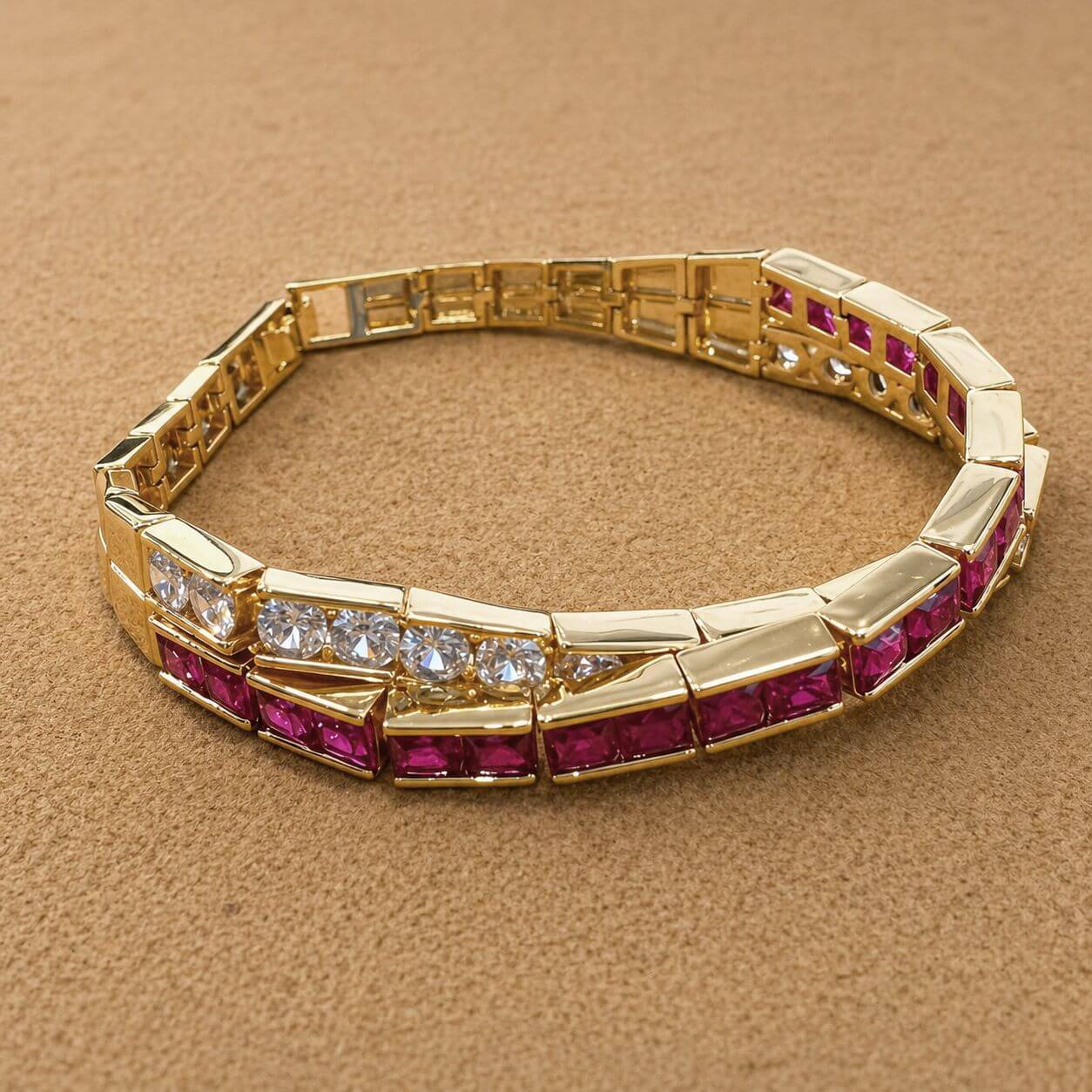 Luxury Jewelry Criss Cross Yellow Gold Emerald & Round Cut Ruby & White Sapphire Bracelet For Women