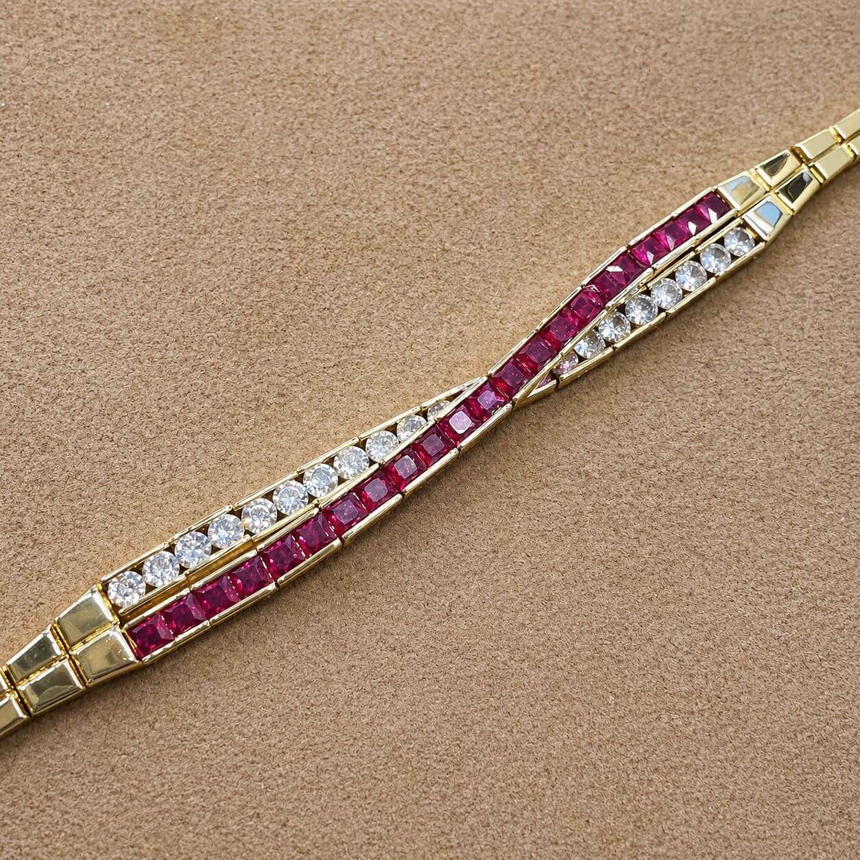 Luxury Jewelry Criss Cross Yellow Gold Emerald & Round Cut Ruby & White Sapphire Bracelet For Women