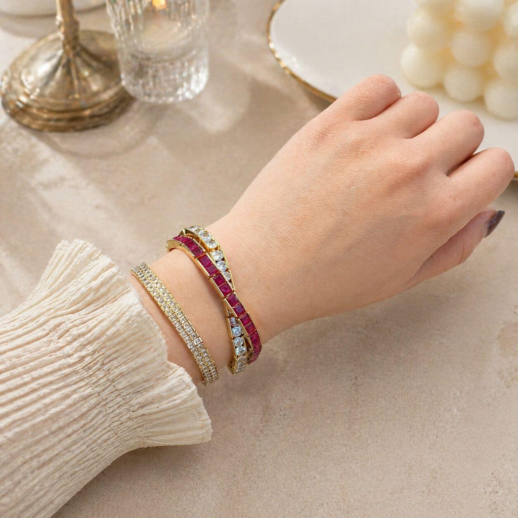 Luxury Jewelry Criss Cross Yellow Gold Emerald & Round Cut Ruby & White Sapphire Bracelet For Women