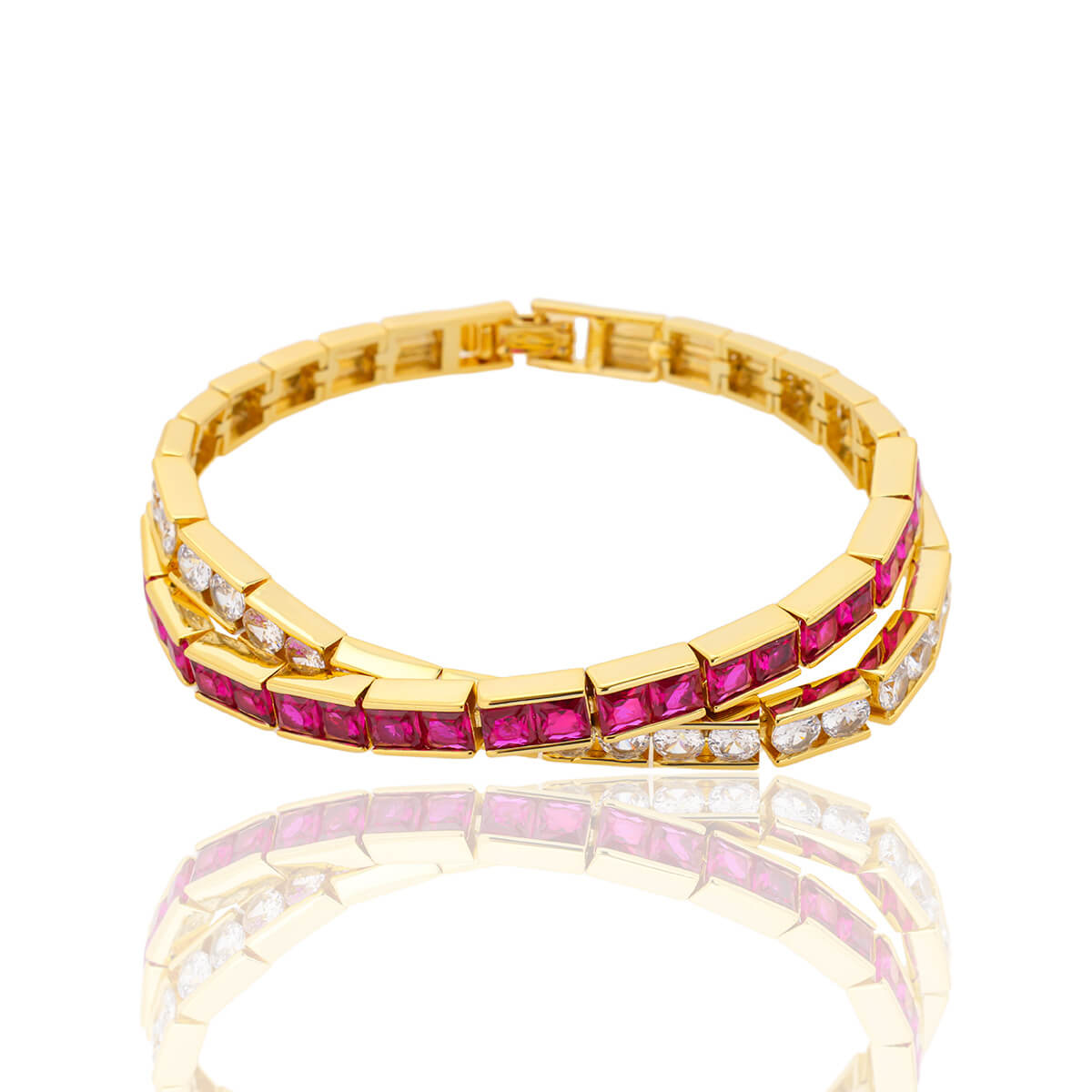 Luxury Jewelry Criss Cross Yellow Gold Emerald & Round Cut Ruby & White Sapphire Bracelet For Women