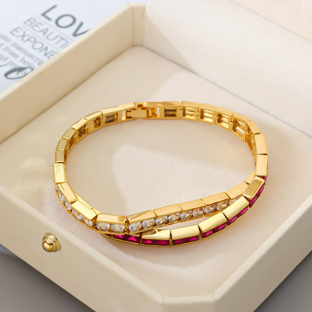 Luxury Jewelry Criss Cross Yellow Gold Emerald & Round Cut Ruby & White Sapphire Bracelet For Women