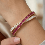 Luxury Jewelry Criss Cross Yellow Gold Emerald & Round Cut Ruby & White Sapphire Bracelet For Women