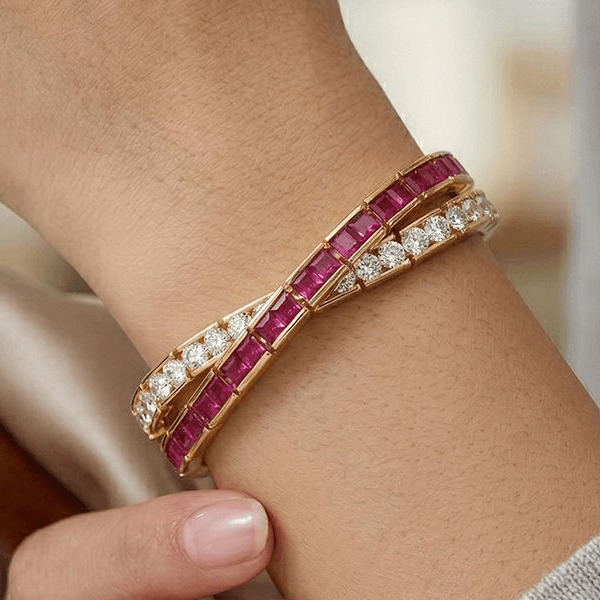 Luxury Jewelry Criss Cross Yellow Gold Emerald & Round Cut Ruby & White Sapphire Bracelet For Women